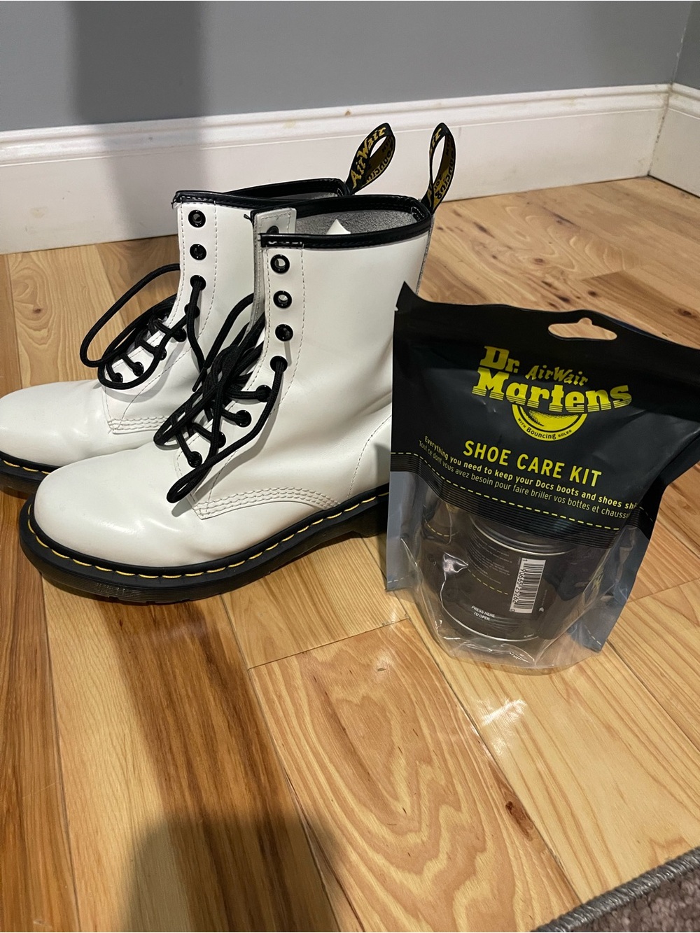 Dr. Martens Smooth Leather Lace-Up Boots in White  comes with shoe care kit